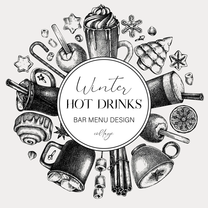 Christmas wreath in vintage style. Mulled wine, coffee, hot chocolate, cocoa sketches. Hot drinks bar menu. Winter drinks and sweets frame template. Vector food background black and white.